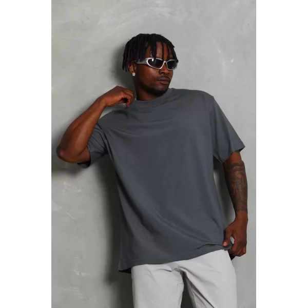 Unisex Oversize Düz Bisiklet Yaka T-Shirt - Füme