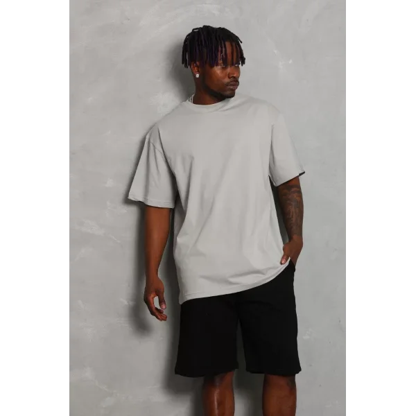 Unisex Oversize Düz Bisiklet Yaka T-Shirt - Gri