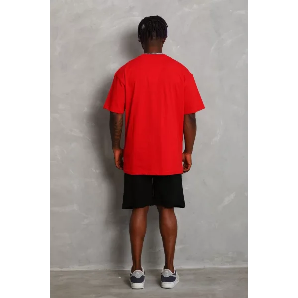 Unisex Oversize Düz Bisiklet Yaka T-Shirt - Kırmızı