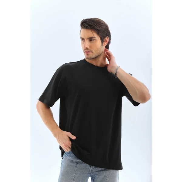 Unisex Oversize Düz Bisiklet Yaka T-Shirt - Siyah