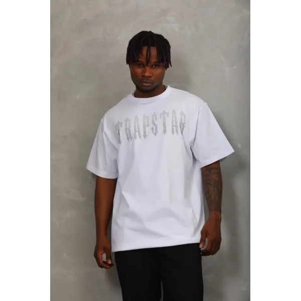 Unisex Oversize Taşlı Bisiklet Yaka T-Shirt - Beyaz