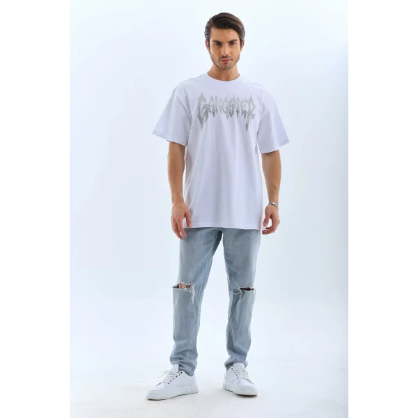 Unisex Oversize Taşlı Bisiklet Yaka T-Shirt - Beyaz