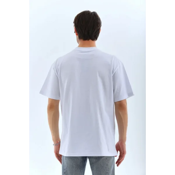 Unisex Oversize Taşlı Bisiklet Yaka T-Shirt - Beyaz