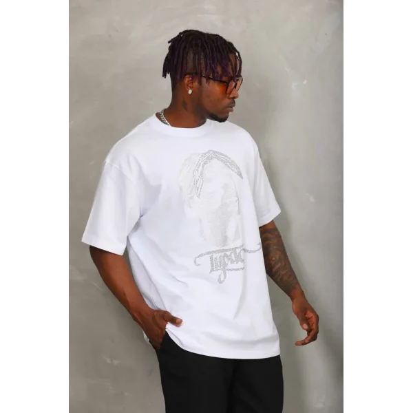 Unisex Oversize Taşlı Bisiklet Yaka T-Shirt - Beyaz