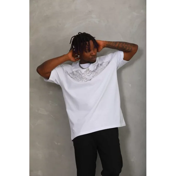 Unisex Oversize Taşlı Bisiklet Yaka T-Shirt - Beyaz