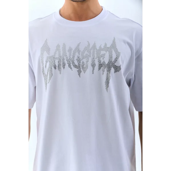 Unisex Oversize Taşlı Bisiklet Yaka T-Shirt - Beyaz