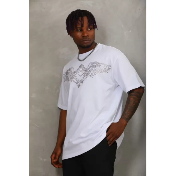 Unisex Oversize Taşlı Bisiklet Yaka T-Shirt - Beyaz