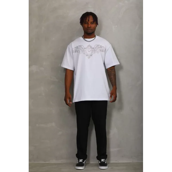 Unisex Oversize Taşlı Bisiklet Yaka T-Shirt - Beyaz