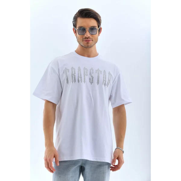Unisex Oversize Taşlı Bisiklet Yaka T-Shirt - Beyaz