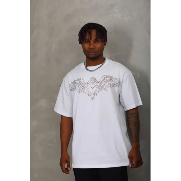 Unisex Oversize Taşlı Bisiklet Yaka T-Shirt - Beyaz