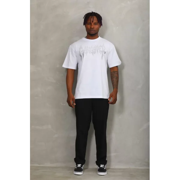 Unisex Oversize Taşlı Bisiklet Yaka T-Shirt - Beyaz