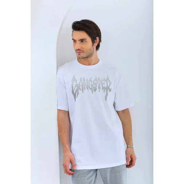 Unisex Oversize Taşlı Bisiklet Yaka T-Shirt - Beyaz