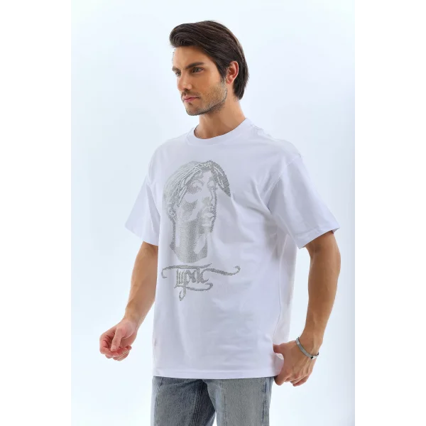 Unisex Oversize Taşlı Bisiklet Yaka T-Shirt - Beyaz