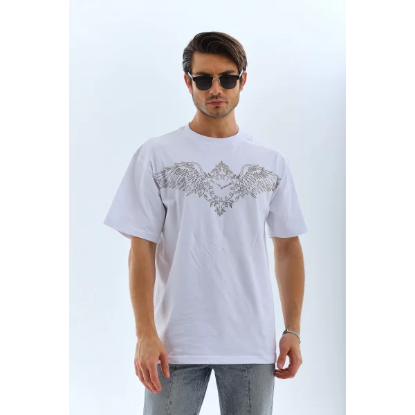 Unisex Oversize Taşlı Bisiklet Yaka T-Shirt - Beyaz