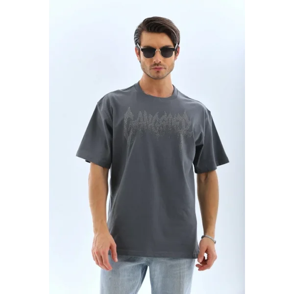 Unisex Oversize Taşlı Bisiklet Yaka T-Shirt - Füme