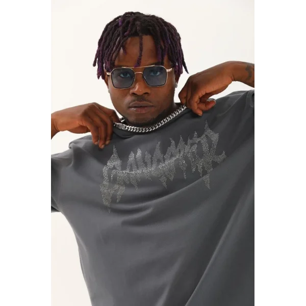 Unisex Oversize Taşlı Bisiklet Yaka T-Shirt - Füme