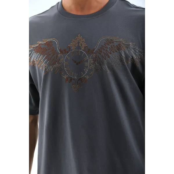 Unisex Oversize Taşlı Bisiklet Yaka T-Shirt - Füme