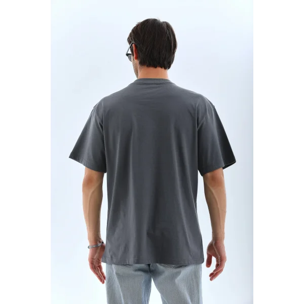 Unisex Oversize Taşlı Bisiklet Yaka T-Shirt - Füme