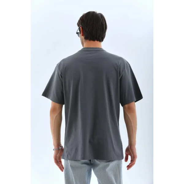 Unisex Oversize Taşlı Bisiklet Yaka T-Shirt - Füme