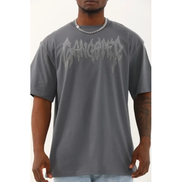 Unisex Oversize Taşlı Bisiklet Yaka T-Shirt - Füme