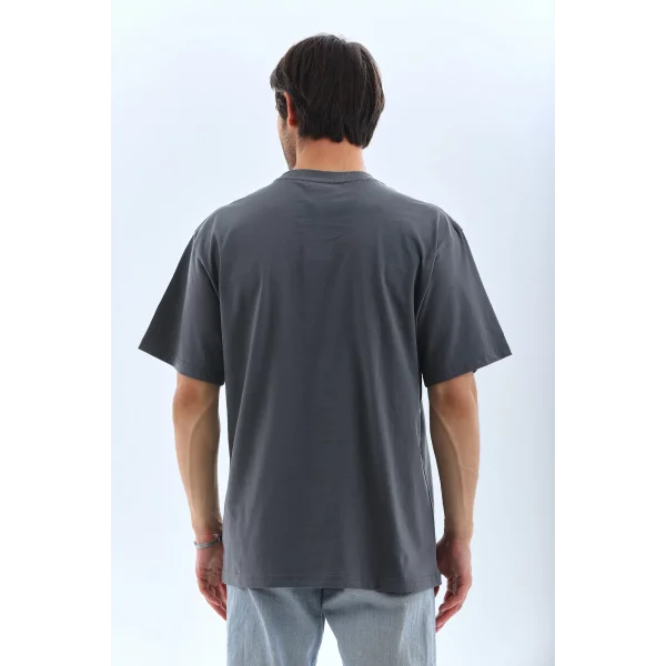 Unisex Oversize Taşlı Bisiklet Yaka T-Shirt - Füme