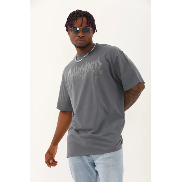 Unisex Oversize Taşlı Bisiklet Yaka T-Shirt - Füme