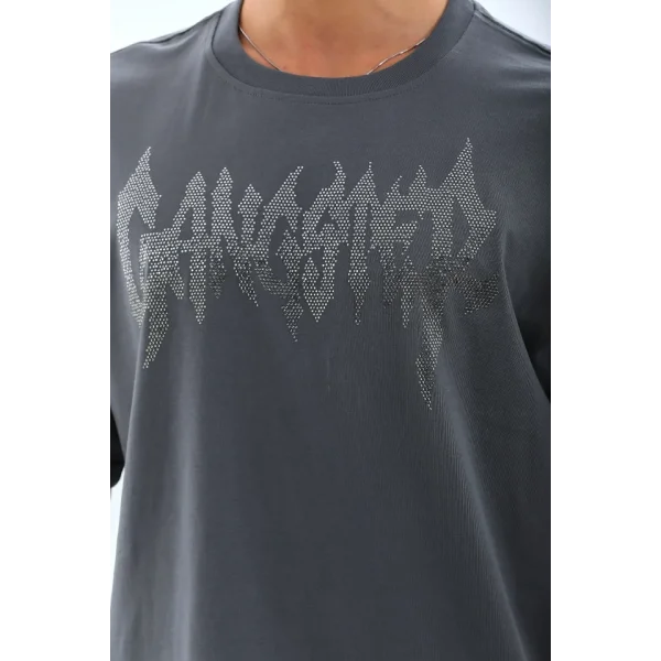 Unisex Oversize Taşlı Bisiklet Yaka T-Shirt - Füme