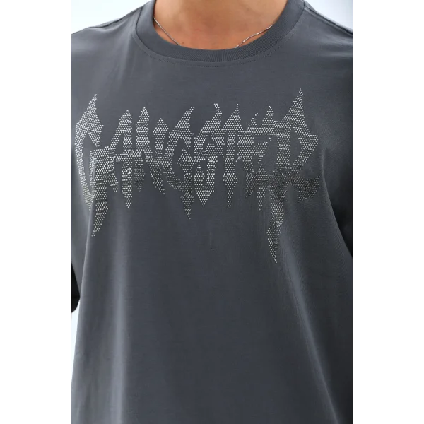 Unisex Oversize Taşlı Bisiklet Yaka T-Shirt - Füme