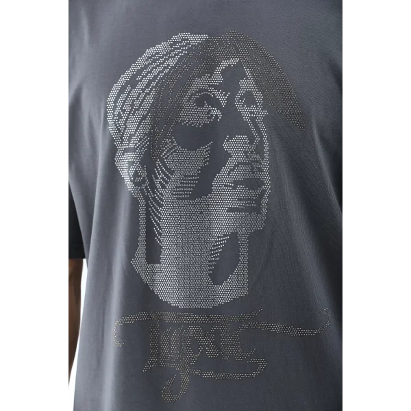 Unisex Oversize Taşlı Bisiklet Yaka T-Shirt - Füme