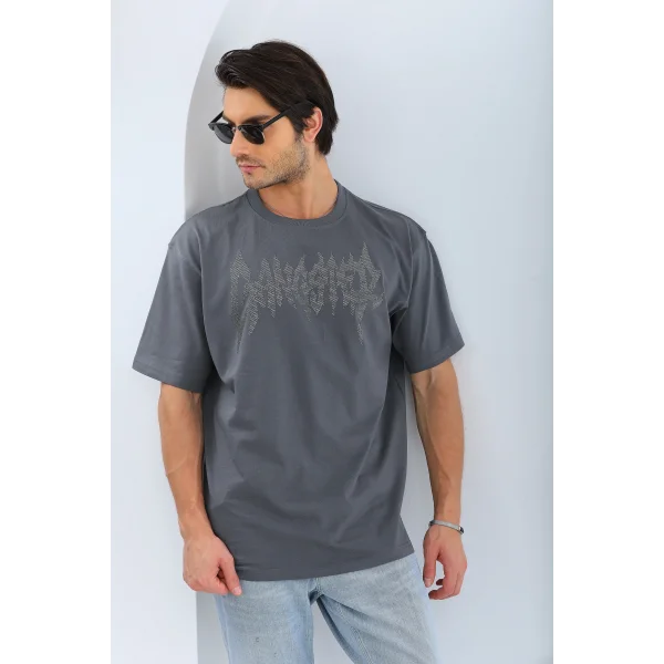 Unisex Oversize Taşlı Bisiklet Yaka T-Shirt - Füme