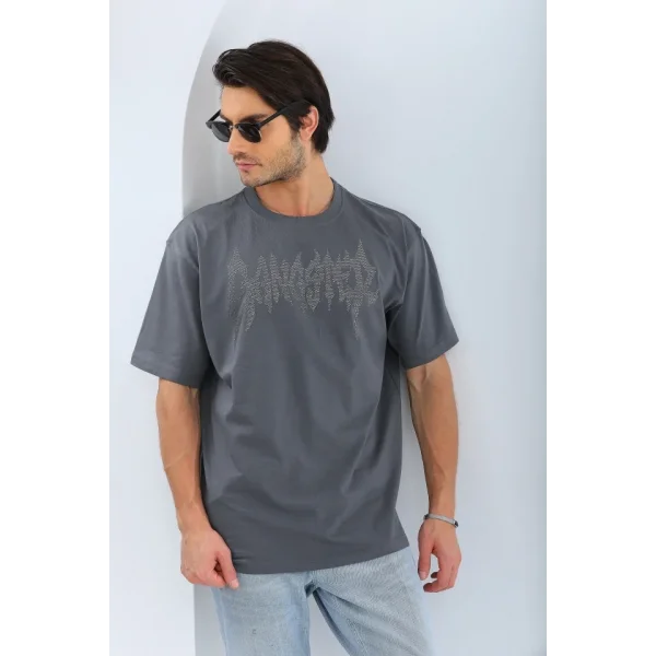 Unisex Oversize Taşlı Bisiklet Yaka T-Shirt - Füme