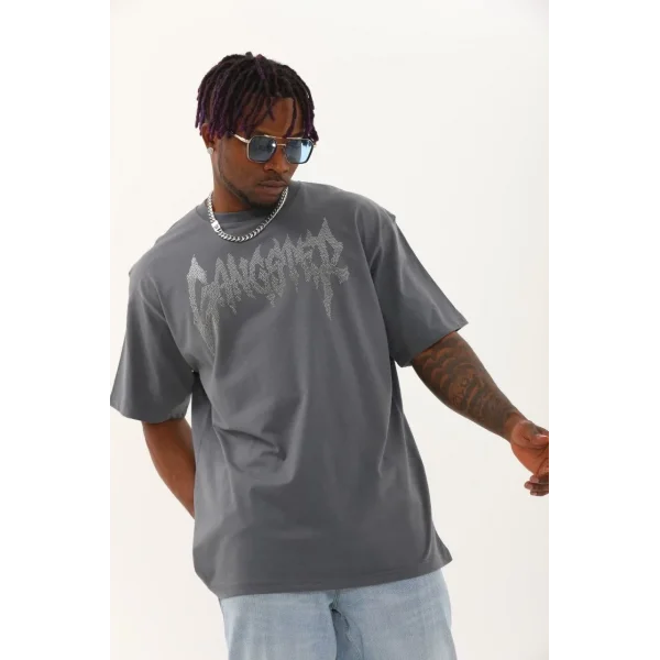 Unisex Oversize Taşlı Bisiklet Yaka T-Shirt - Füme