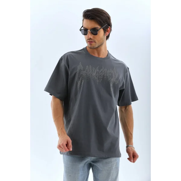 Unisex Oversize Taşlı Bisiklet Yaka T-Shirt - Füme