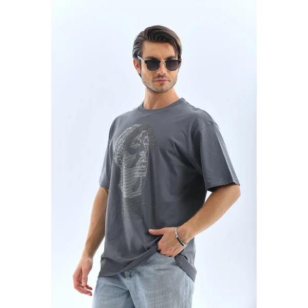 Unisex Oversize Taşlı Bisiklet Yaka T-Shirt - Füme