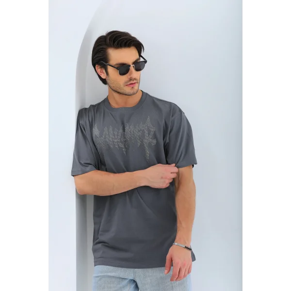 Unisex Oversize Taşlı Bisiklet Yaka T-Shirt - Füme