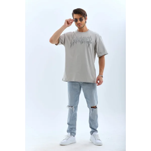 Unisex Oversize Taşlı Bisiklet Yaka T-Shirt - Gri