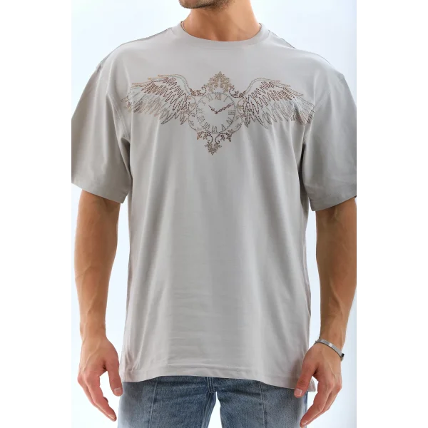 Unisex Oversize Taşlı Bisiklet Yaka T-Shirt - Gri