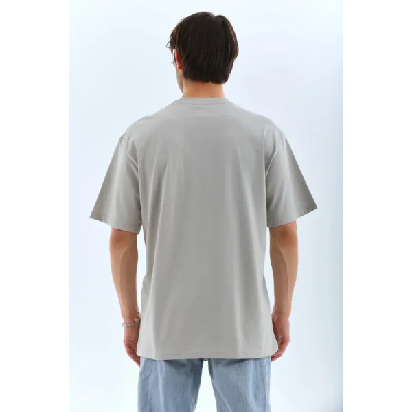 Unisex Oversize Taşlı Bisiklet Yaka T-Shirt - Gri