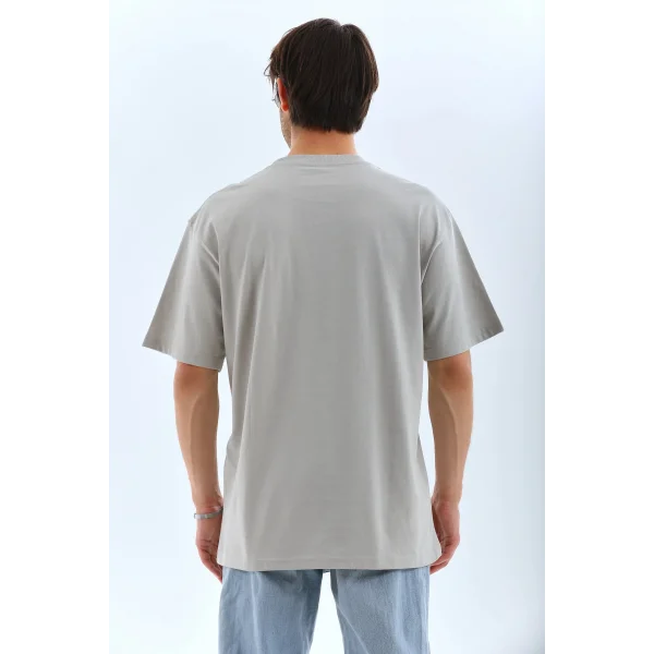 Unisex Oversize Taşlı Bisiklet Yaka T-Shirt - Gri