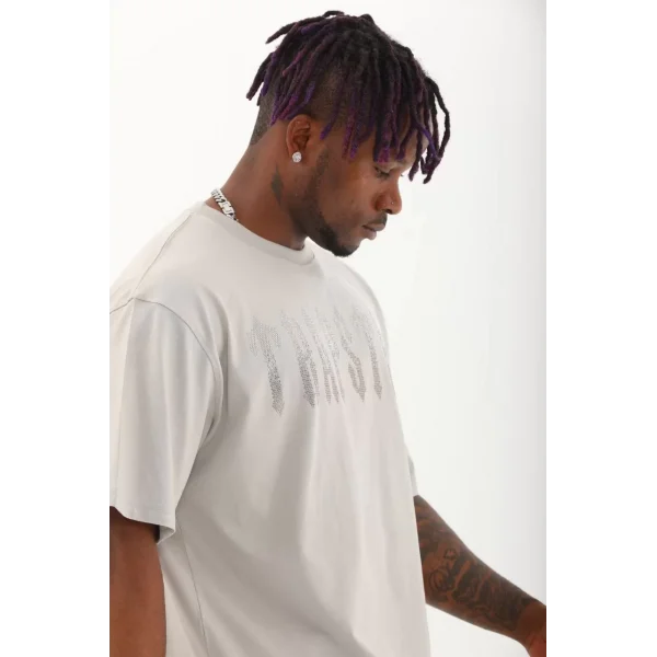 Unisex Oversize Taşlı Bisiklet Yaka T-Shirt - Gri