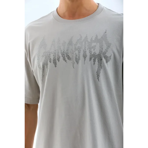 Unisex Oversize Taşlı Bisiklet Yaka T-Shirt - Gri