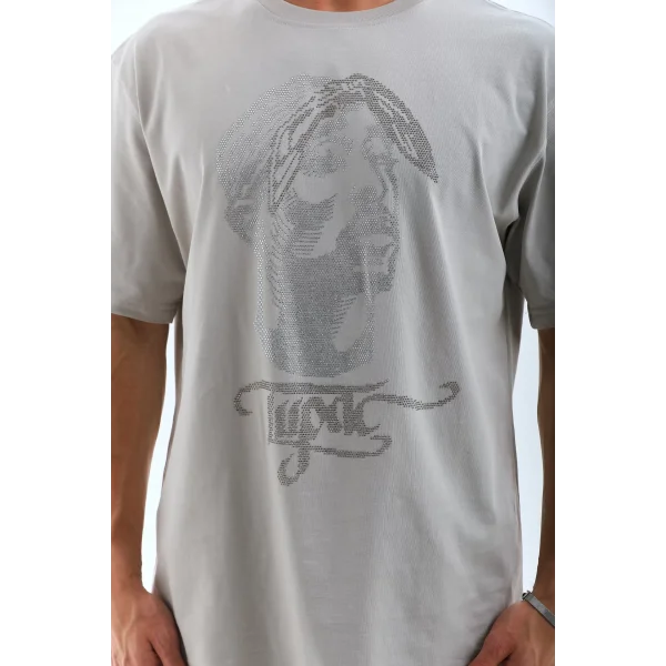 Unisex Oversize Taşlı Bisiklet Yaka T-Shirt - Gri