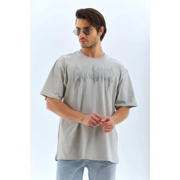 Unisex Oversize Taşlı Bisiklet Yaka T-Shirt - Gri