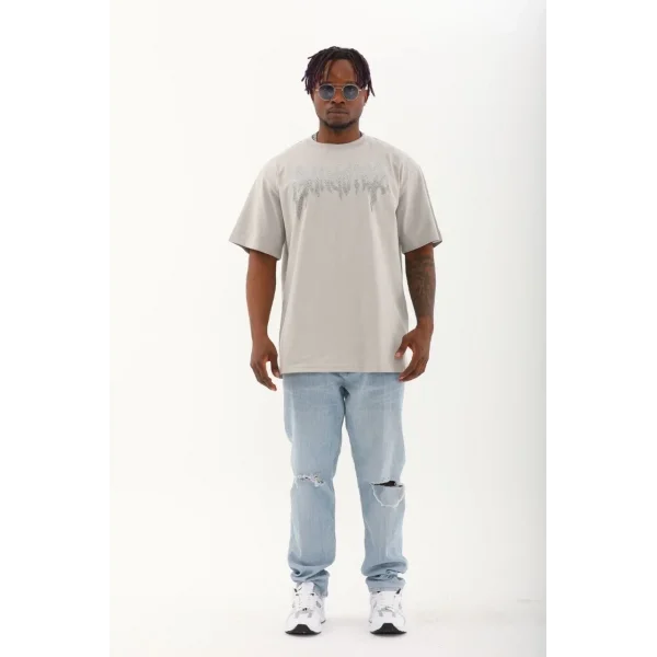 Unisex Oversize Taşlı Bisiklet Yaka T-Shirt - Gri