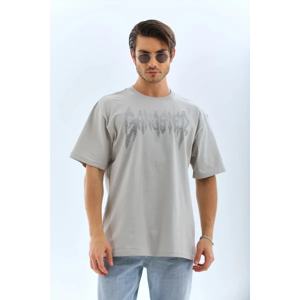 Unisex Oversize Taşlı Bisiklet Yaka T-Shirt - Gri