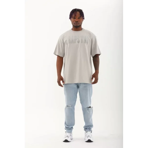 Unisex Oversize Taşlı Bisiklet Yaka T-Shirt - Gri