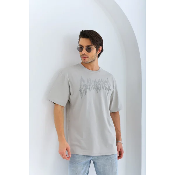 Unisex Oversize Taşlı Bisiklet Yaka T-Shirt - Gri