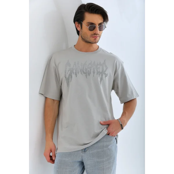 Unisex Oversize Taşlı Bisiklet Yaka T-Shirt - Gri