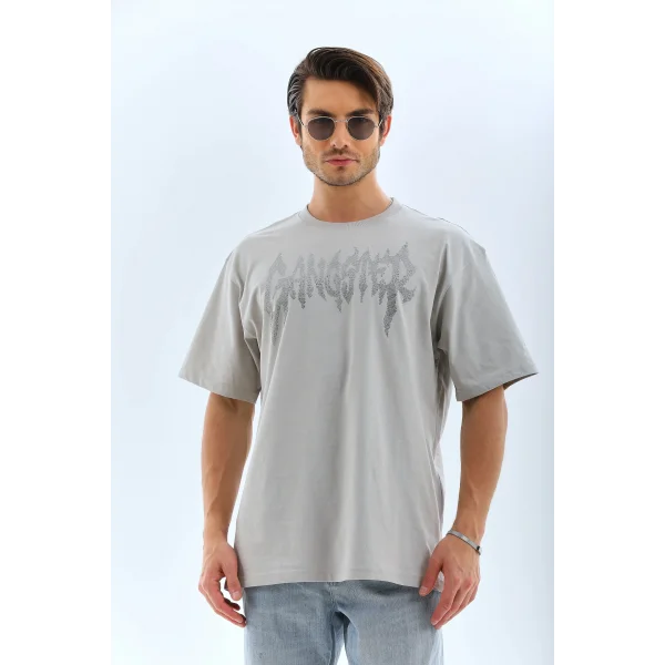 Unisex Oversize Taşlı Bisiklet Yaka T-Shirt - Gri