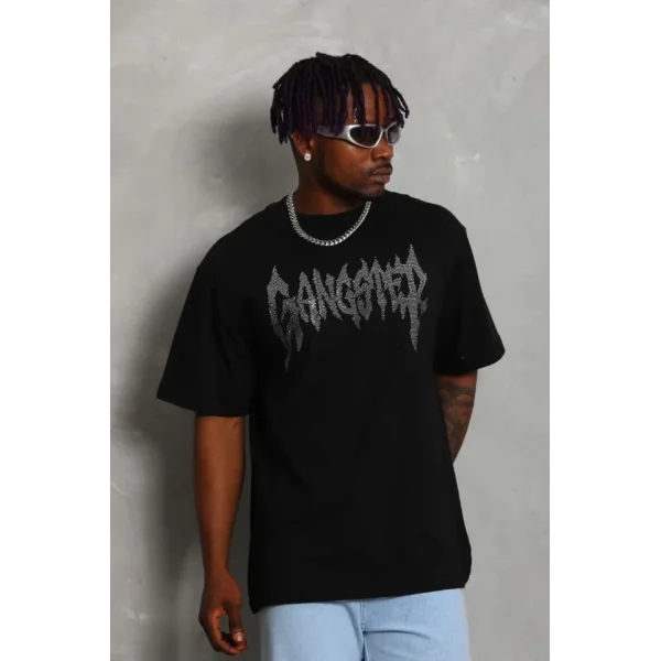 Unisex Oversize Taşlı Bisiklet Yaka T-Shirt - Siyah